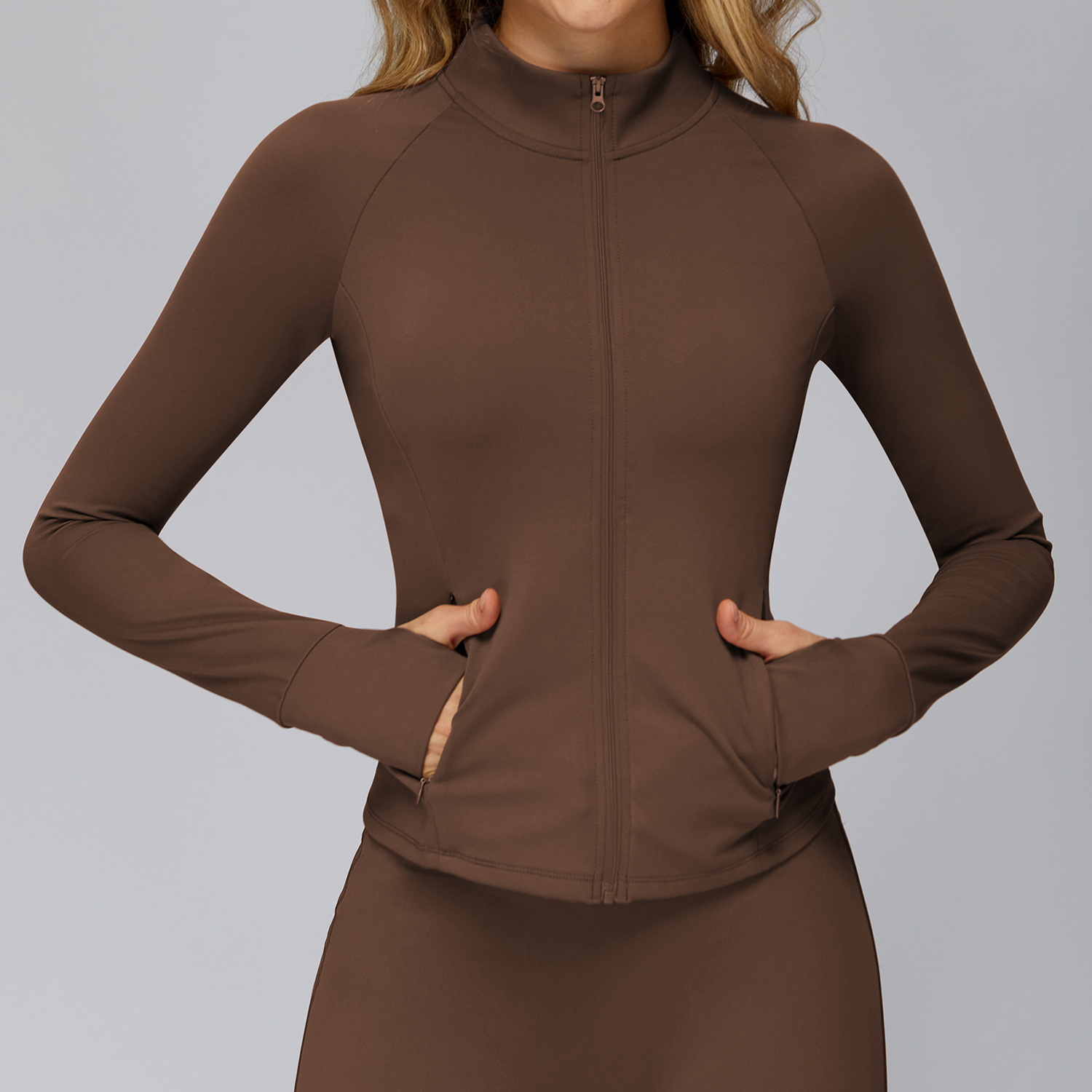 Women's Brown Full Zip Yoga Jacket, Buttery Soft Workout Jacket with Thumb Holes, Slim Fit Athletic Zip Up Jacket for Fitness