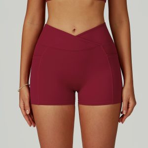Women's Burgundy Yoga Shorts, High Waist Crossover Biker Shorts, Buttery Soft Workout Leggings, Gym Fitness Activewear
