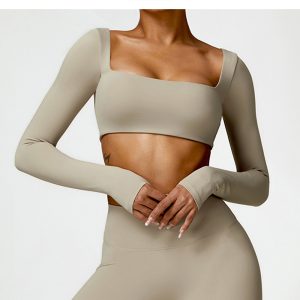 Women's Beige Square Neck Long Sleeve Yoga Crop Top, Buttery Soft Workout Top with Thumb Holes, Gym Activewear