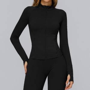 Women's Black Full Zip Yoga Jacket, Buttery Soft Workout Jacket with Thumb Holes, Slim Fit Athletic Zip Up Jacket for Running