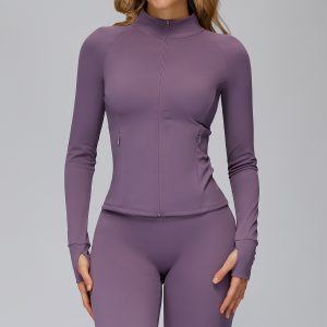 Women's Dusty Purple Full Zip Yoga Jacket, Buttery Soft Workout Jacket with Thumb Holes, Slim Fit Athletic Zip Up Jacket for Fitness