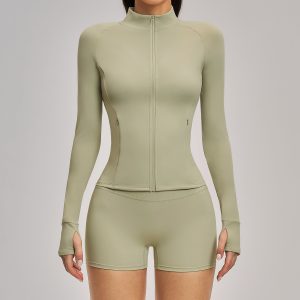 Women's Sage Green Full Zip Yoga Jacket, Buttery Soft Workout Jacket with Thumb Holes, Slim Fit Athletic Zip Up Jacket for Running