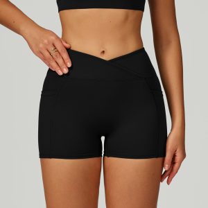 Women's Black Yoga Shorts, High Waist Crossover Biker Shorts, Buttery Soft Workout Leggings, Squat Proof Gym Wear