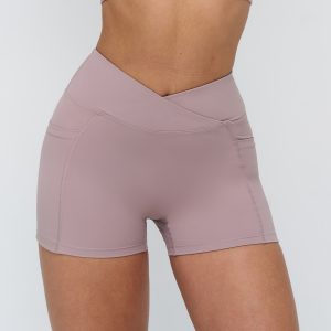Women's Dusty Pink Yoga Shorts, High Waist Crossover Biker Shorts, Squat Proof Workout Leggings, Buttery Soft Activewear