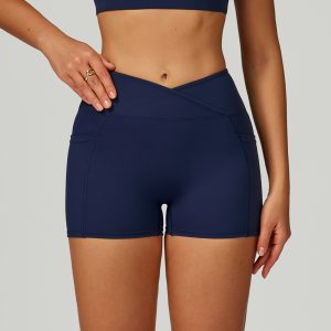 Women's Navy Blue Yoga Shorts, High Waist Crossover Biker Shorts, Tummy Control Workout Leggings, Gym Activewear